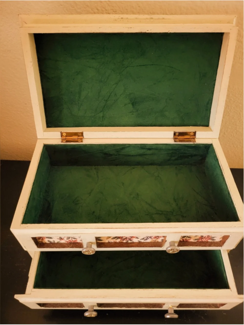 Vintage Music Box Jewelry Chest • Hand-Refinished • Floral Tapestry Panels •